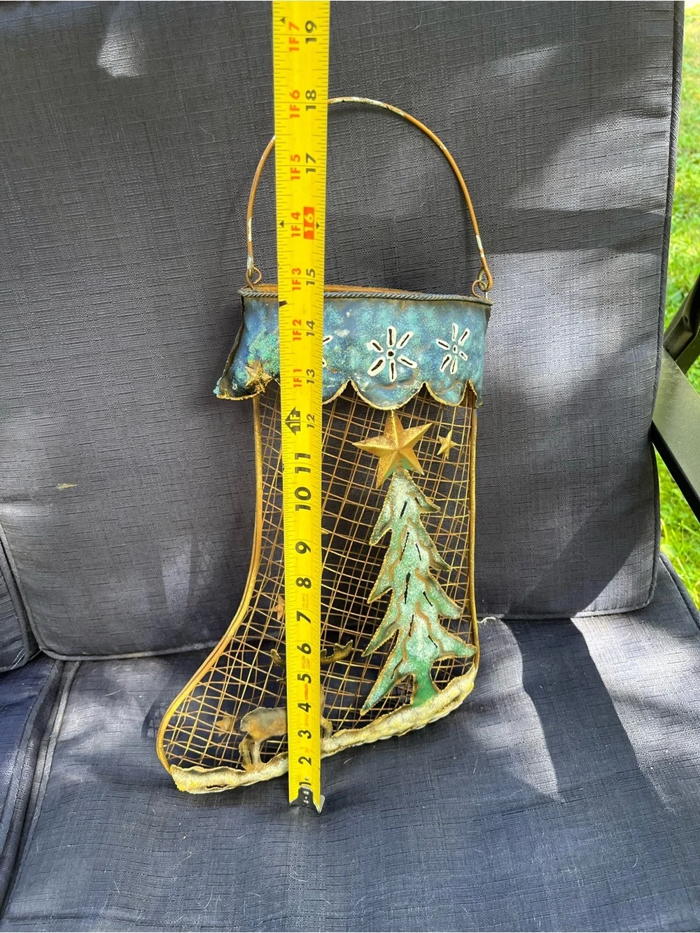 Gold and Teal Metal Christmas Stocking Wall Hanging - Unbranded
